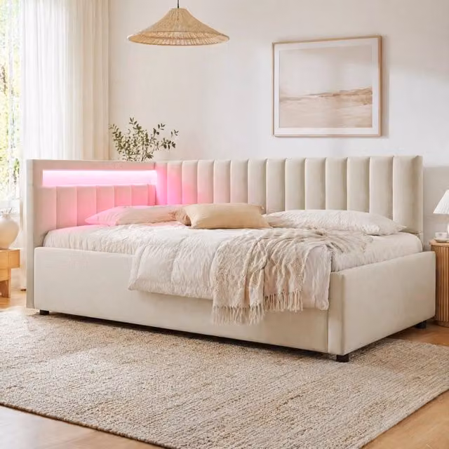 Letto imbottito 90x200 cm con LED; contenitore idraulico; velluto beige