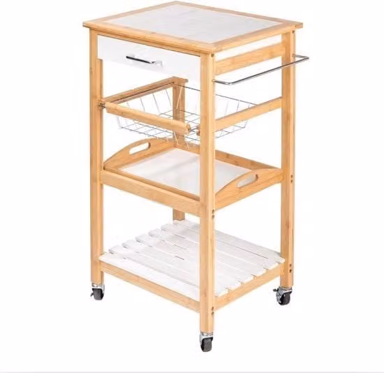 Trolley da Cucina – Stile Scandi Moderne, Bambù e MDF, Con 4 Ruote, Per Cucina, Sala da Pranzo, Salotto, Balcone