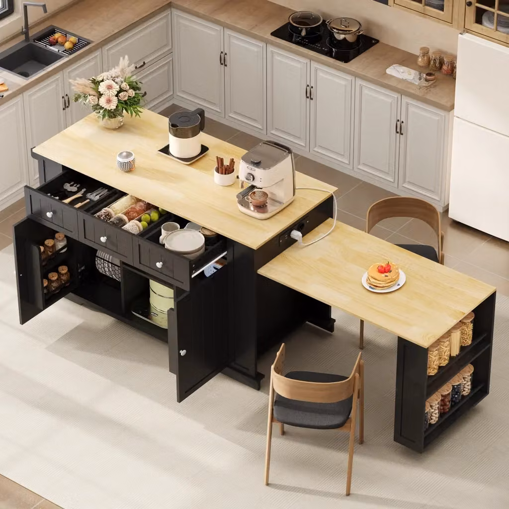 Isola da cucina moderna con tavolo estraibile e prese integrate in MDF nero e naturale L/P/H: 138 x 55 x 93 cm – 2
