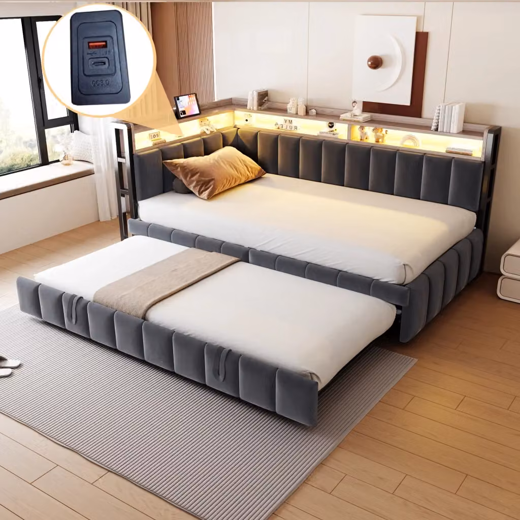 Letto Estrattibile Moderno in Velluto Grigio con Illuminazione LED, Porte USB e Type-C e Mensole, L/P/H: 211.5 x 90 x 120 cm – 2