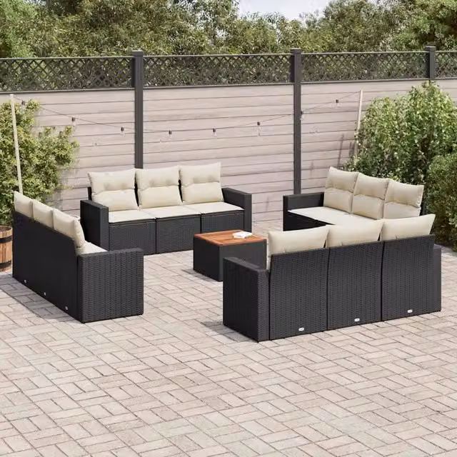 Set di Divani da Giardino vidaXL in Polyrattan Nero con Cuscini e Tavolino da 13 Pezzi – 1