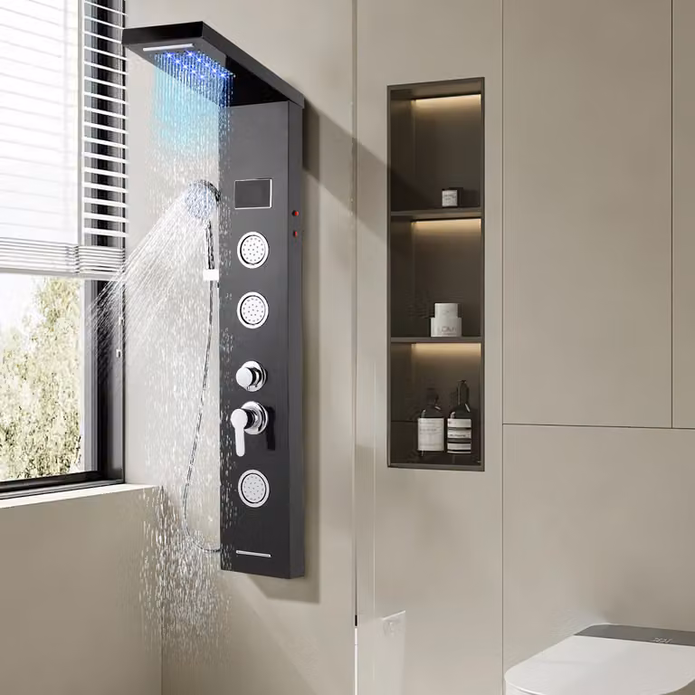 Clanmacy Pannello doccia per bagno Sistema doccia idromassaggio Doccia a pioggia Pannello doccia multifunzionale 5 grandi getti massaggianti Colonna doccia, nero