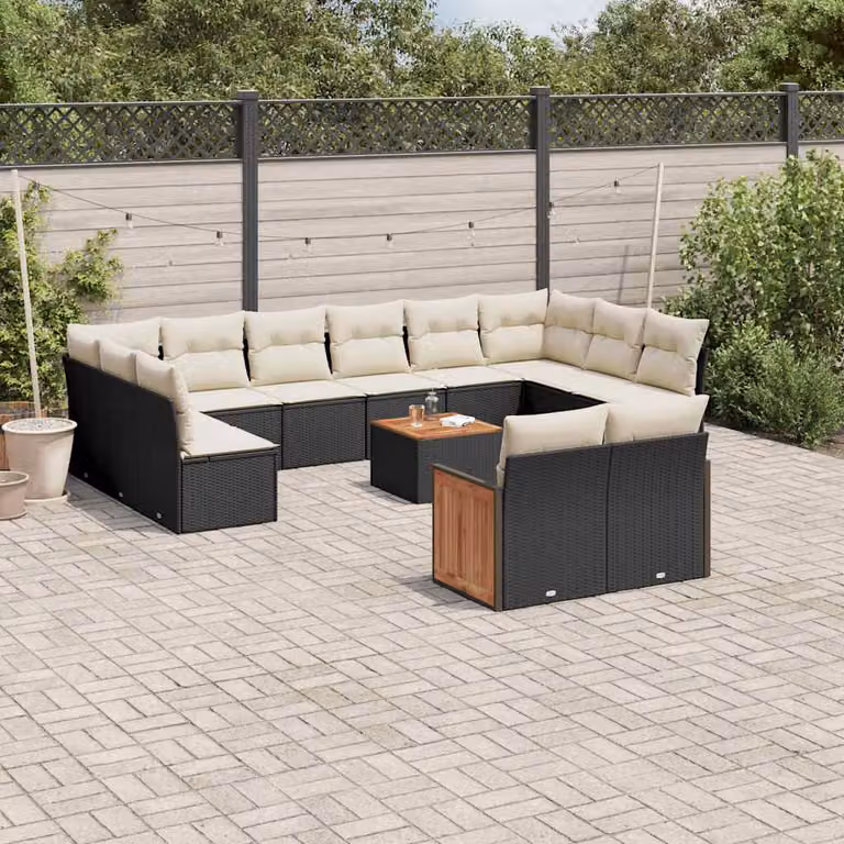 vidaXL Set Divani da Giardino 13pz in Polyrattan Nero con Cuscini e Tavolino da Esterno