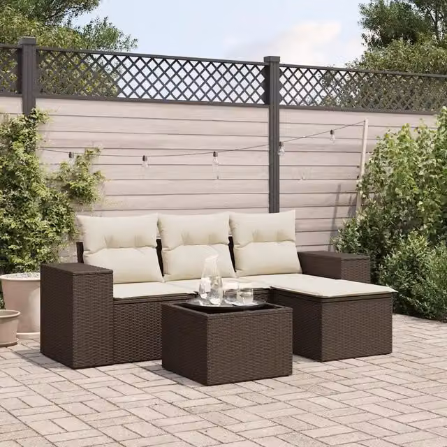 Set Divano da Giardino 5 pz con Cuscini-Sofa da Giardino-Divanetto da esterno Marrone in Polyrattan 653496