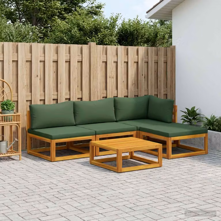 Set di divani da giardino vidaXL in legno di acacia massello con cuscini verdi e marroni, composizione a L con tavolo da caffè e pouf