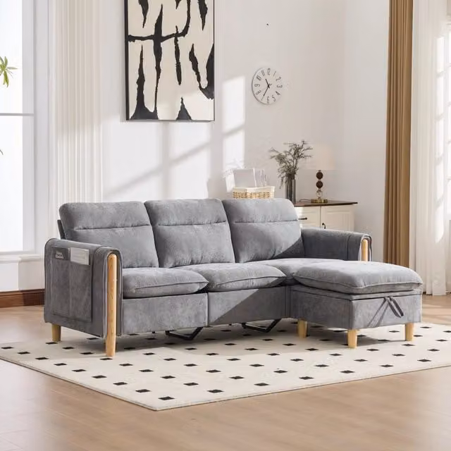 Divano angolare Mivray a 3 posti in ciniglia grigio con pouf contenitore reversibile e cuscini coordinati