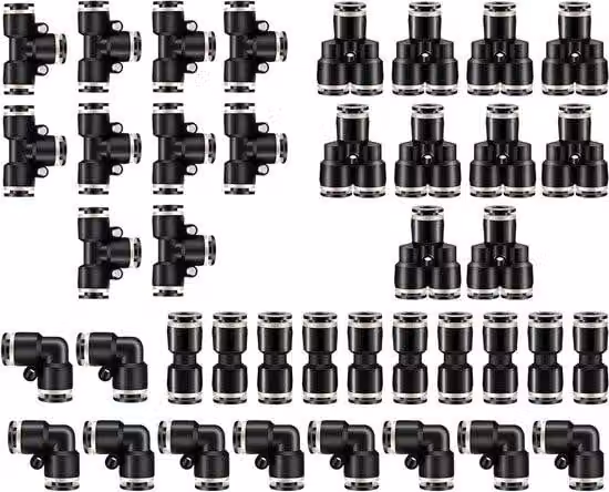 Set di raccordi pneumatici - Set da 40 pezzi composto da gomiti e raccordi a T in acciaio inossidabile da 1/4 di pollice, colore nero