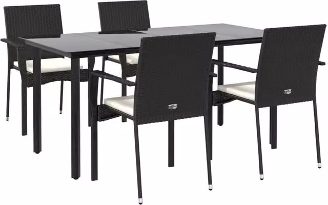 Set da pranzo da giardino Outsunny in polyrattan nero con tavolo in legno di acacia e 5 sedie con cuscini bianchi