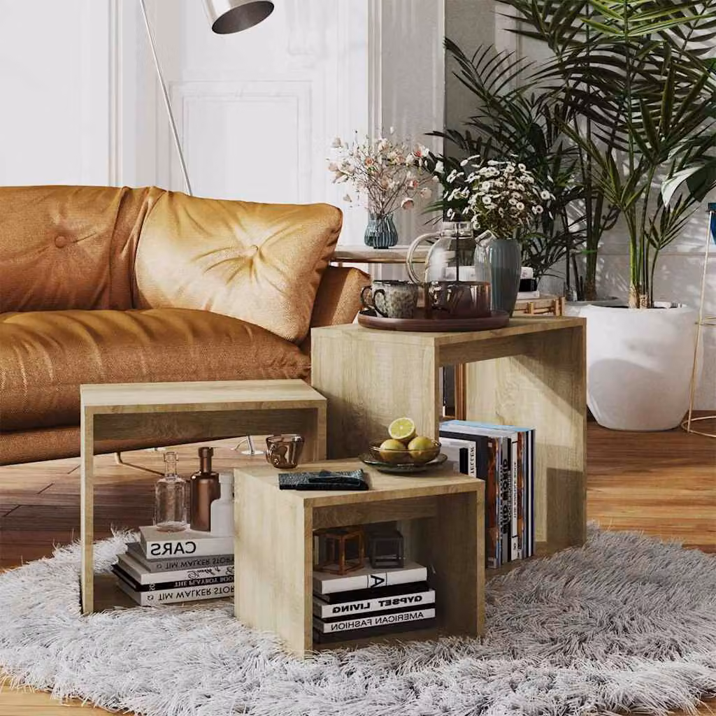 Set di 3 tavolini impilabili vidaXL in legno Rovere Sonoma, design moderno rettangolare per soggiorno o camera da letto