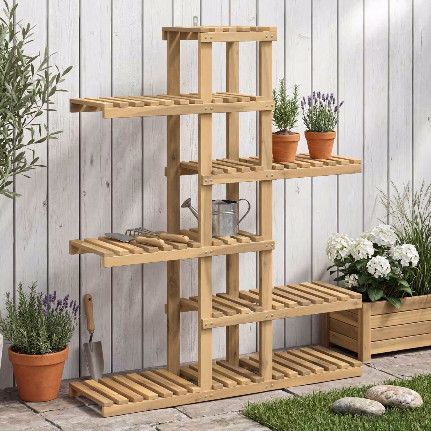 Supporto per piante moderno vidaXL in legno di acacia, Bianco, L 93 x P 25 x H 114,5 cm