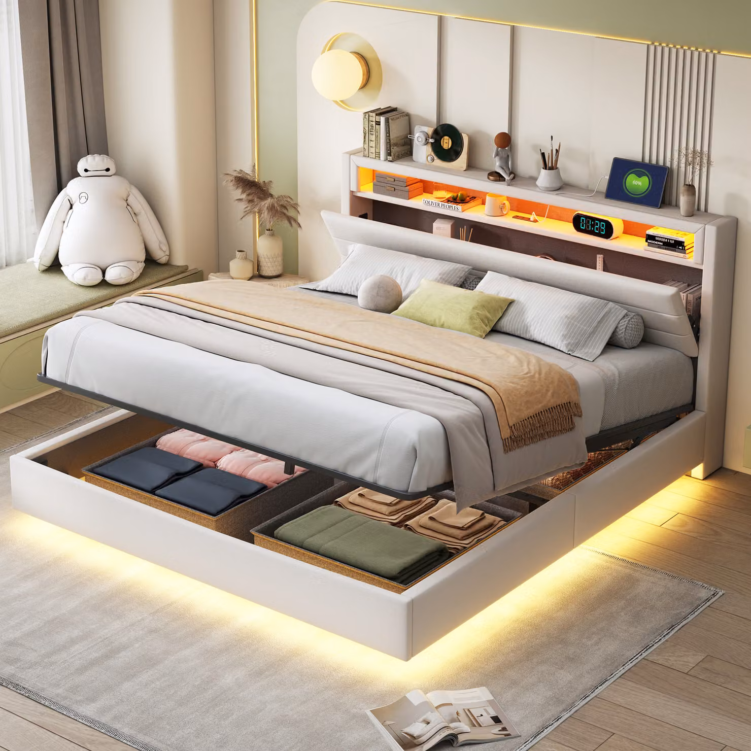 MODFU Letto imbottito idraulico 160 x 200 cm con illuminazione a LED e presa USB, letto sospeso con testiera girevole, letto idraulico con contenitore, Beige (senza materasso)