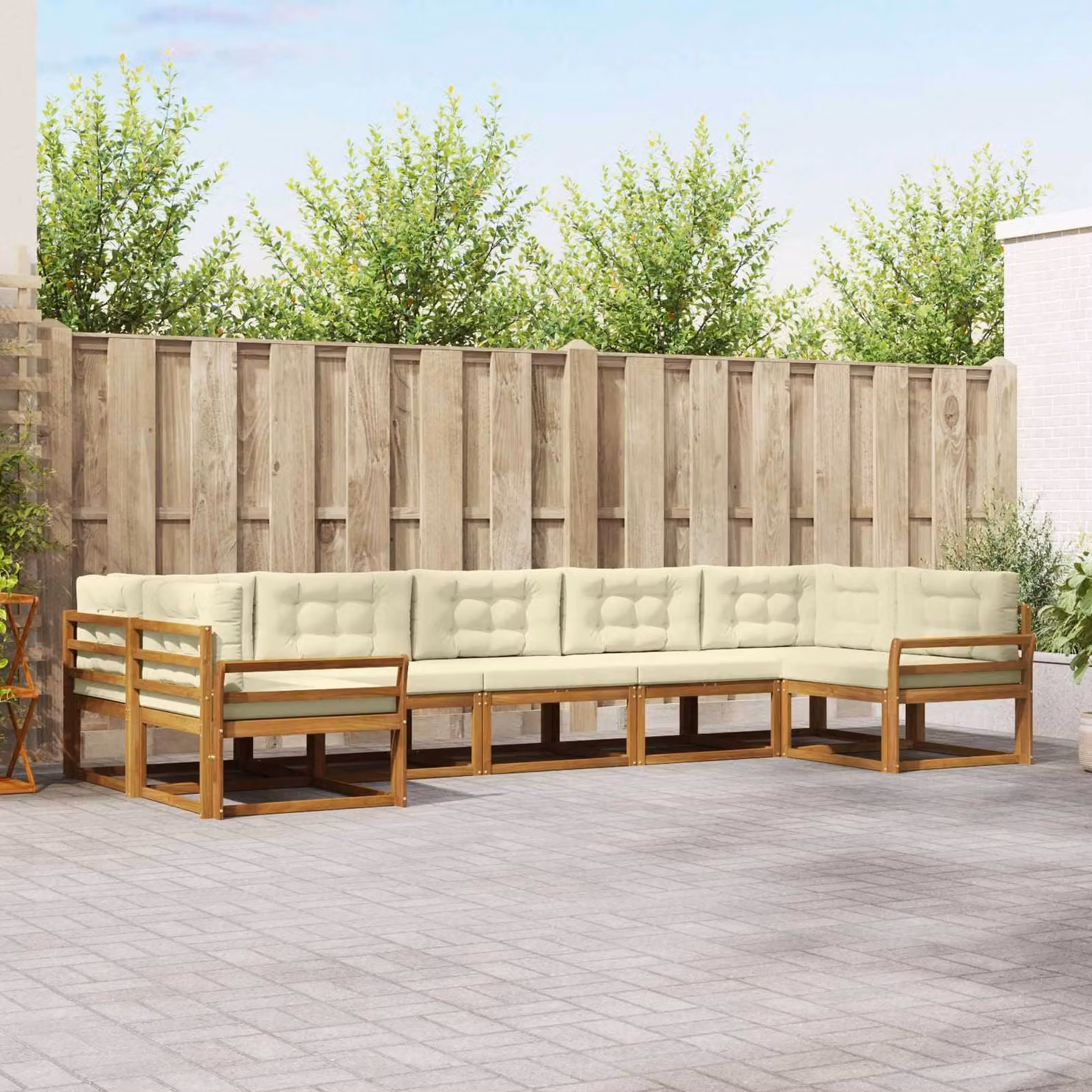 Set di divani da esterno a L vidaXL in legno di acacia con cuscini, beige e bianco