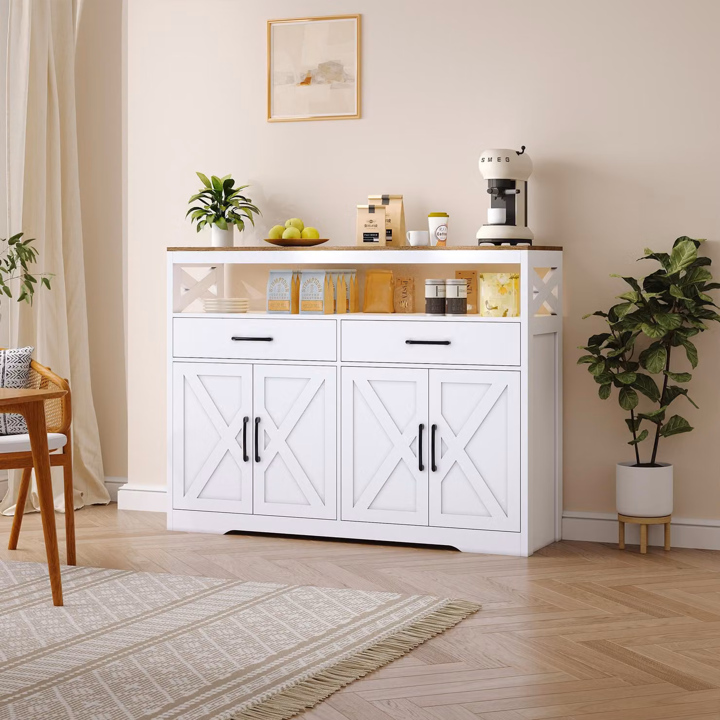 UnboxG Mobile buffet moderno bianco, credenza, cassetti e vano a giorno, mobile contenitore per cucina sala da pranzo soggiorno, bianco, 140x40x105 cm