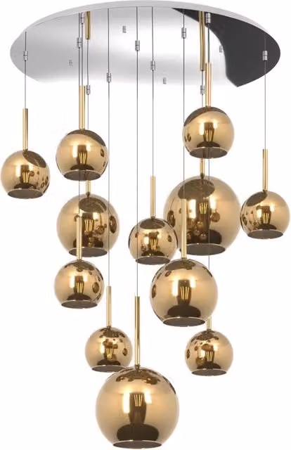 Lampadario a sospensione contemporaneo Future in metallo e vetro con 12 luci E27, finitura cromo e oro