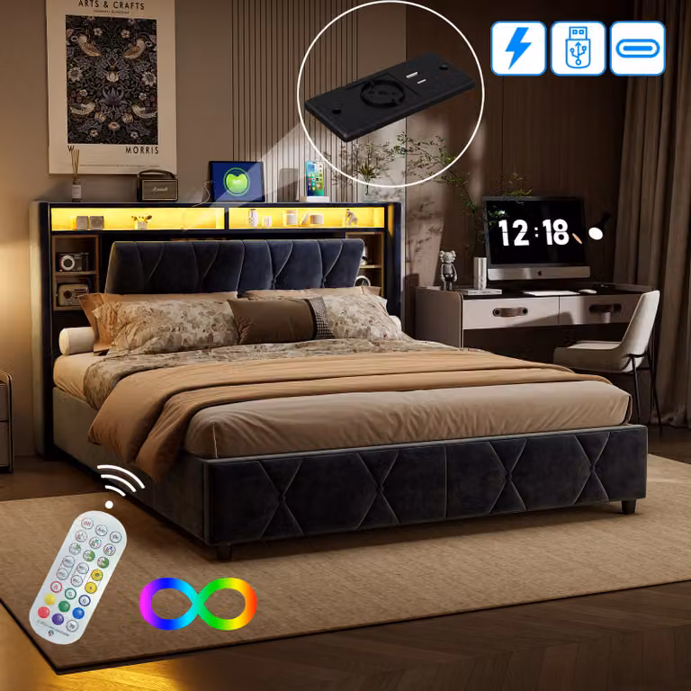 Letto imbottito CDGlobal 140x200cm con LED e (USB&Typ-c), letto a molle idrauliche con rete a doghe, contenitore e struttura in metallo, letto matrimoniale biancheria per ragazzi, grigio
