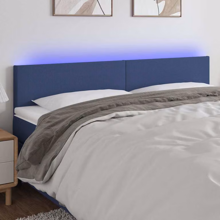 Testiera per letto vidaXL in tessuto blu con illuminazione LED e porta di ricarica USB, L: 160 cm, P: 5 cm, H: 78-88 cm