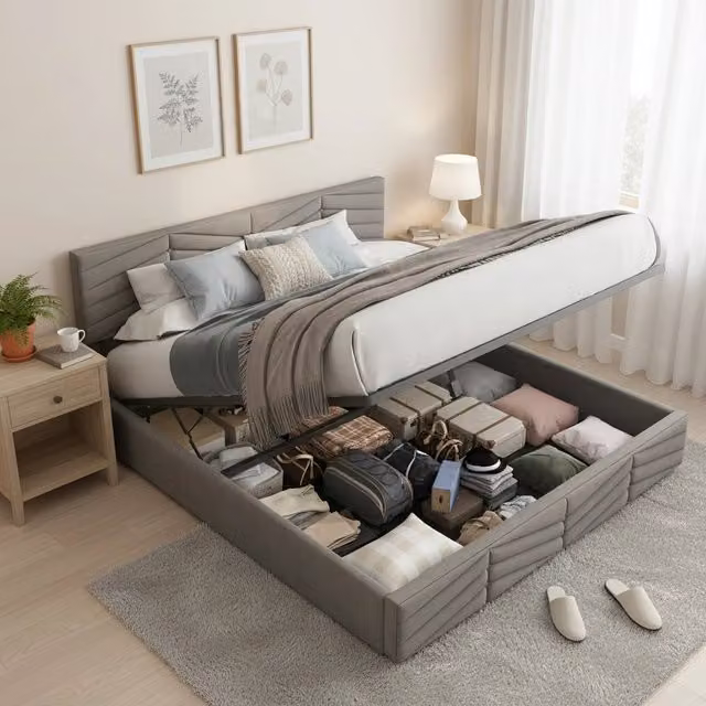 Letto imbottito matrimoniale 140x200 cm in velluto a righe stile continentale, sollevamento idraulico, testiera regolabile - Grigio