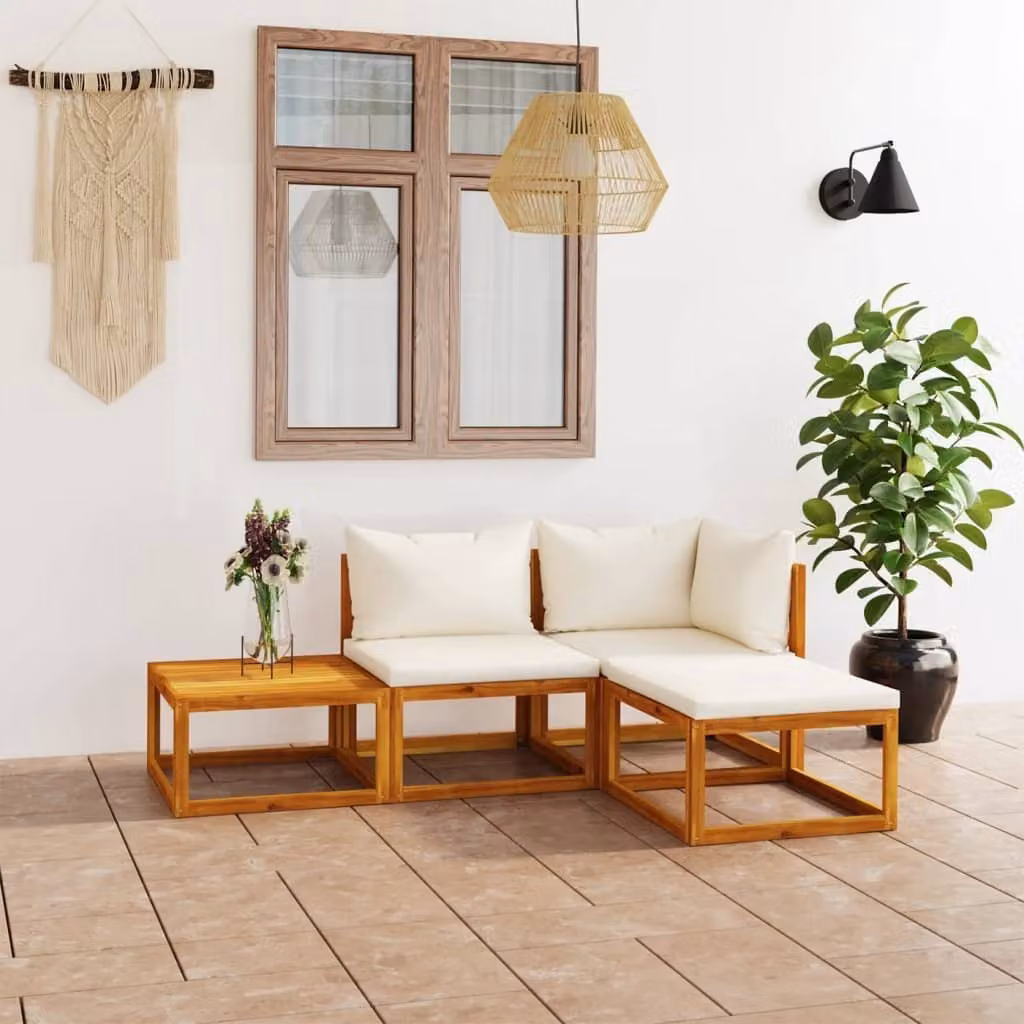 The Living Store Set da giardino 4 pezzi con cuscini in legno massiccio di acacia color crema