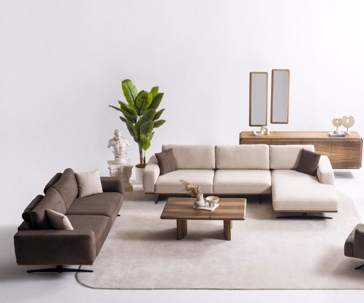 Moderner brauner Wohnzimmer Set aus Textil mit L-förmigem Ecksofa