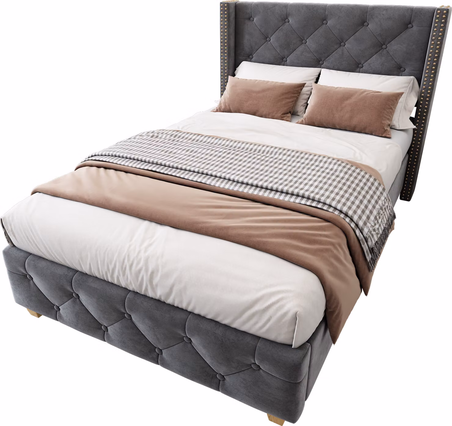 Letto imbottito MODFU 90×200 con rete a doghe e testiera, struttura letto per ragazzi con gambe in legno, letto singolo in velluto, senza materasso, grigio