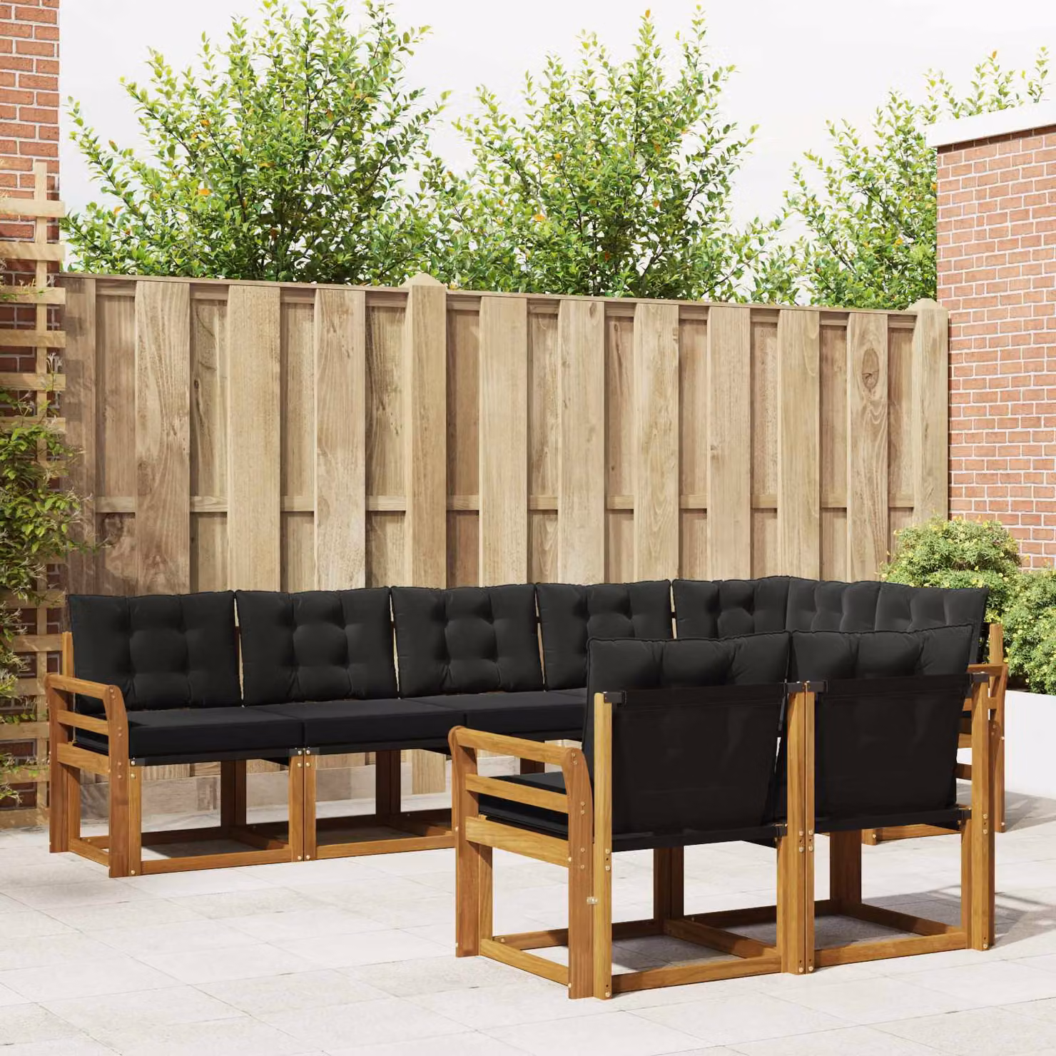 Set di divani da esterno vidaXL a forma di L composto da 8 pezzi in legno di acacia e tessuto textilene, colore marrone e nero