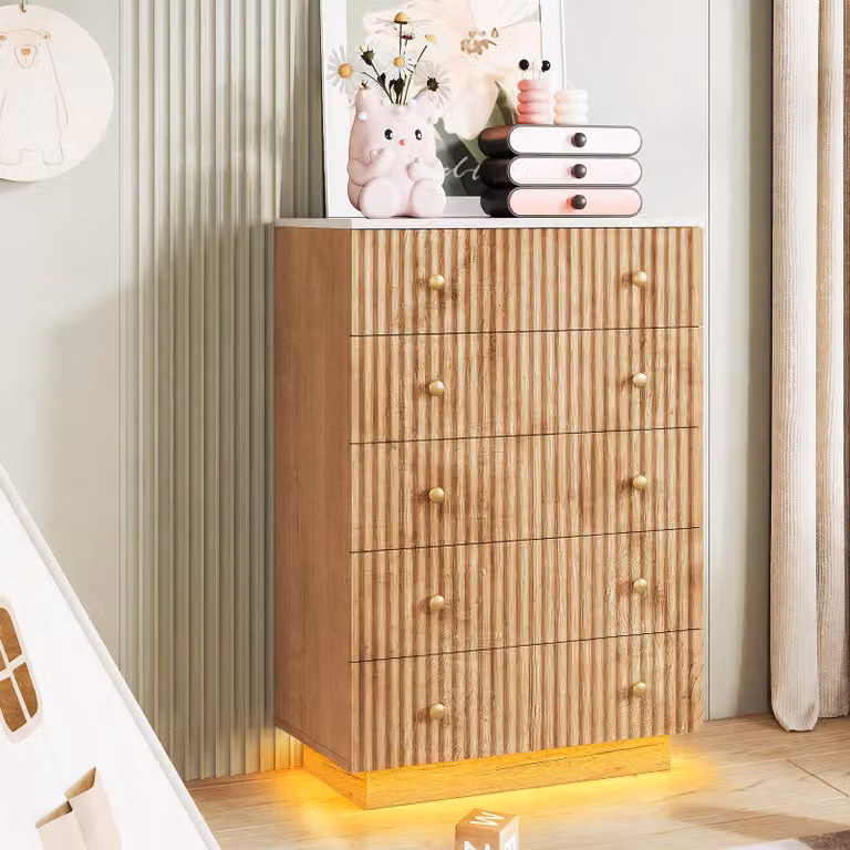 Comodino ProximaX a 5 cassetti con illuminazione a LED RGB, effetto legno, sistema anti-ribaltamento, 73x40x111 cm, per camera da letto e soggiorno