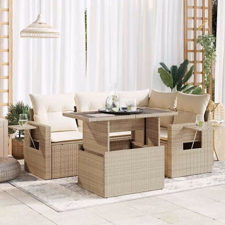 Set Divano da Giardino vidaXL 5 pz a Forma a L con Cuscini Beige e Tavolino in Polyrattan e Metallo