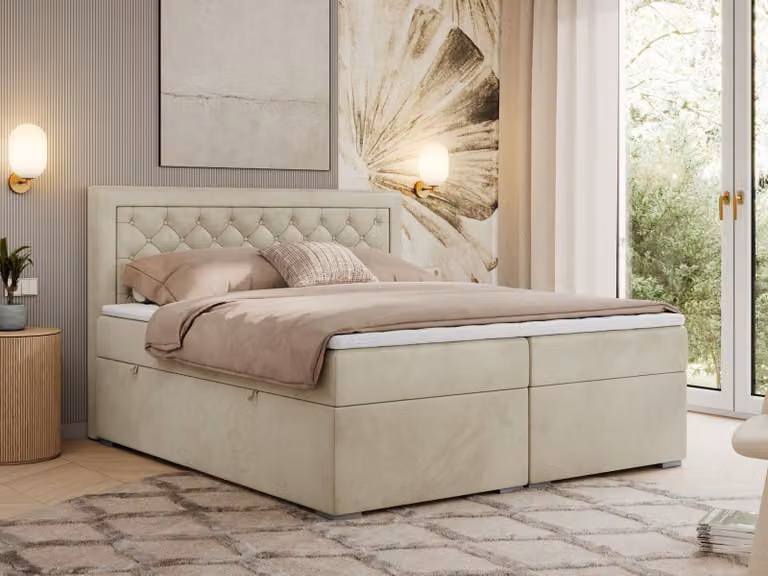 Letto boxspring MKS MEBLE 120x200 con contenitore, letto imbottito 120x200 con materasso H4 e topper, letto boxspring 120x200, letto imbottito 120x200, letto 120x200 con testiera - Beige Velvet - H4 - JASIR