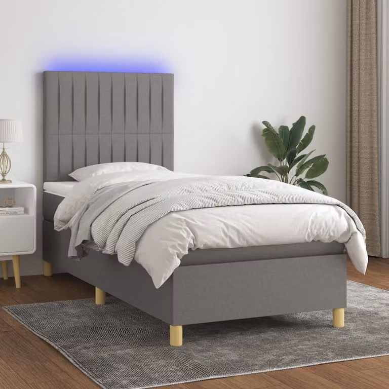 The Living Store Letto a molle con materasso e LED in tessuto grigio scuro 90x200 cm