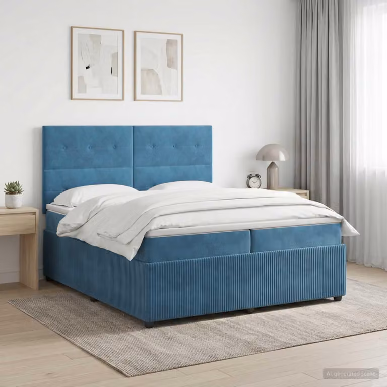 Letto matrimoniale con boxspring e materasso, imbottitura in velluto, con testiera blu, dimensioni 200 x 200 cm