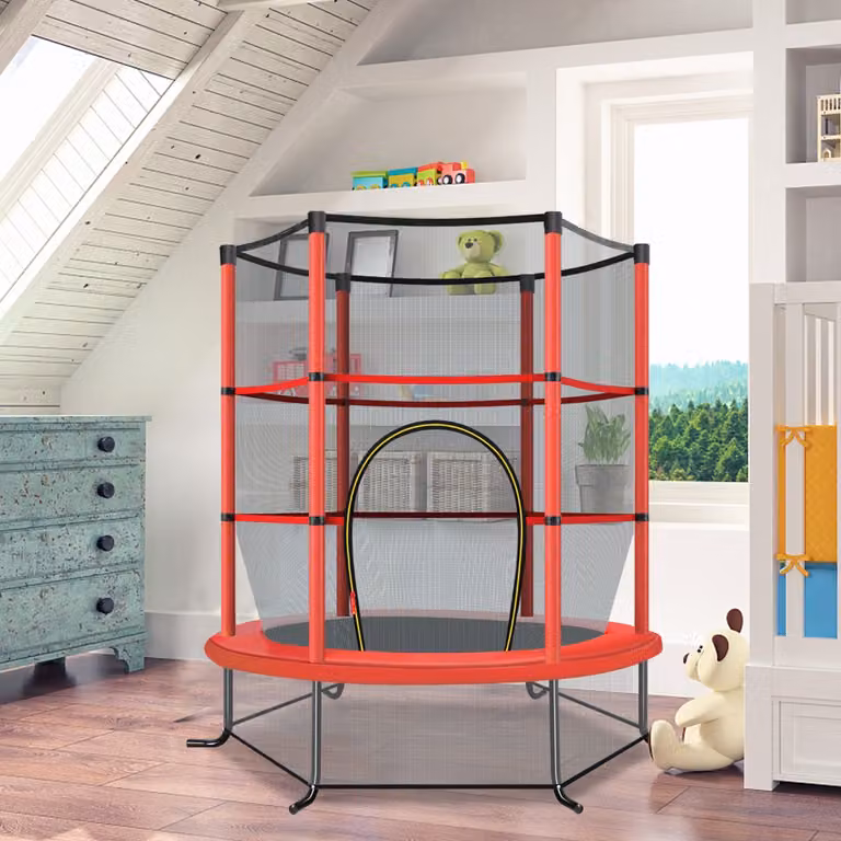 Tappeto elastico per bambini Costway con rete di sicurezza in acciaio e struttura in metallo, Rosso