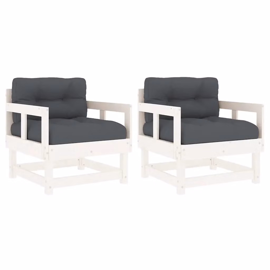 Set di 2 sedie da giardino in legno di pino bianco con cuscini e braccioli per esterno – 2