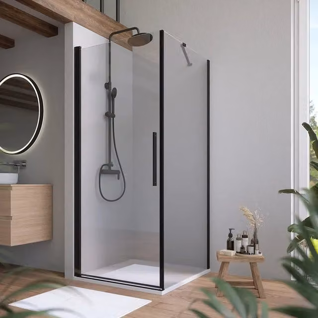 Box doccia 100x90cm con apertura a battente e parete fissa, profili nero opaco e vetro da 6mm trasparente h195 | Elba