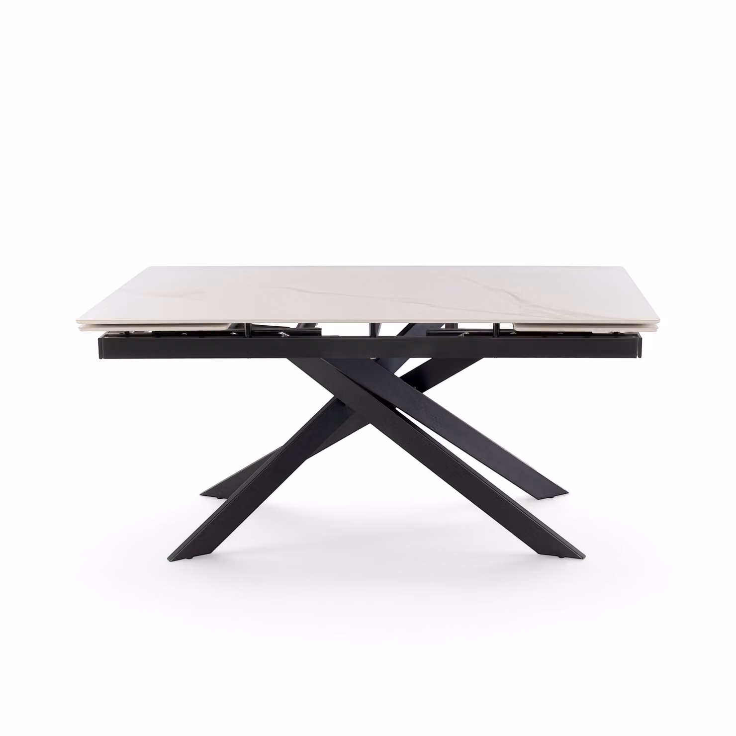 Tavolo allungabile BEVERLY HILLS con piano in ceramica effetto calacatta oro e gambe incrociate in metallo verniciato nero, 160x90x76 cm – 240x90x76 cm