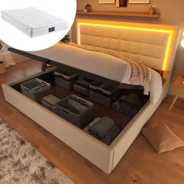 Letto Contenitore Imbottito con LED ¨C MINIMAL ¨C Similpelle Bianco 160x200 con Materasso