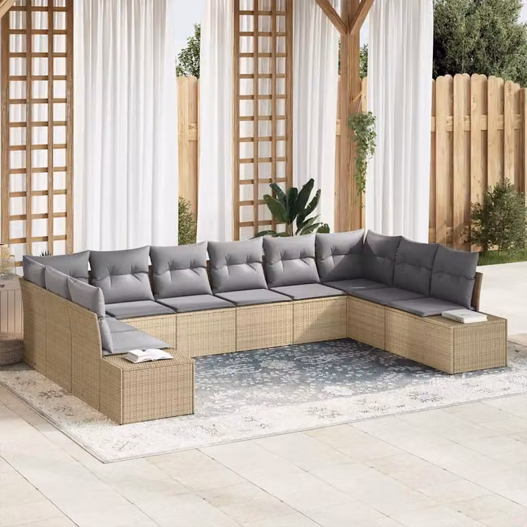 Set Divano da Giardino vidaXL 10 Pezzi in Polyrattan Beige con Cuscini e Struttura in Acciaio