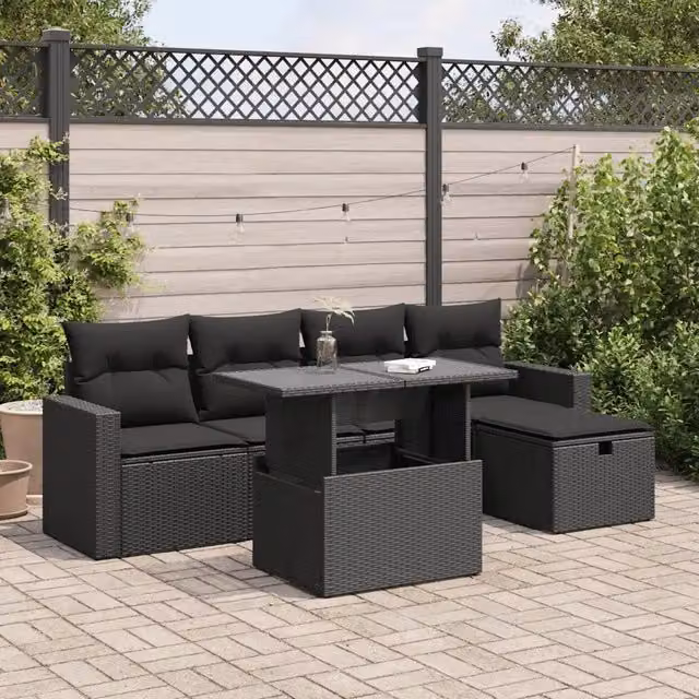 Set Divano da Giardino 6 pz con Cuscini Nero in Polyrattan 3327805