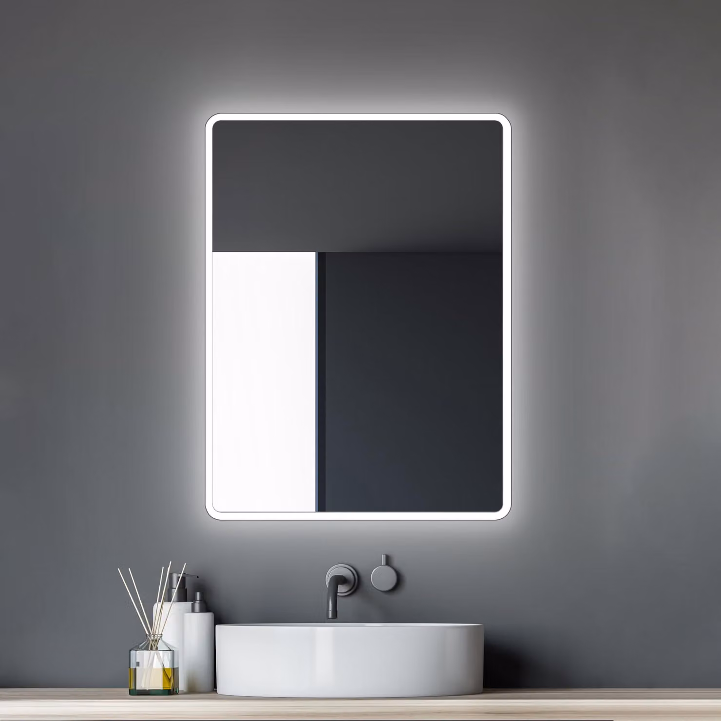 Specchio da bagno a LED, 80x60 cm, luce bianca neutra, cornice in alluminio