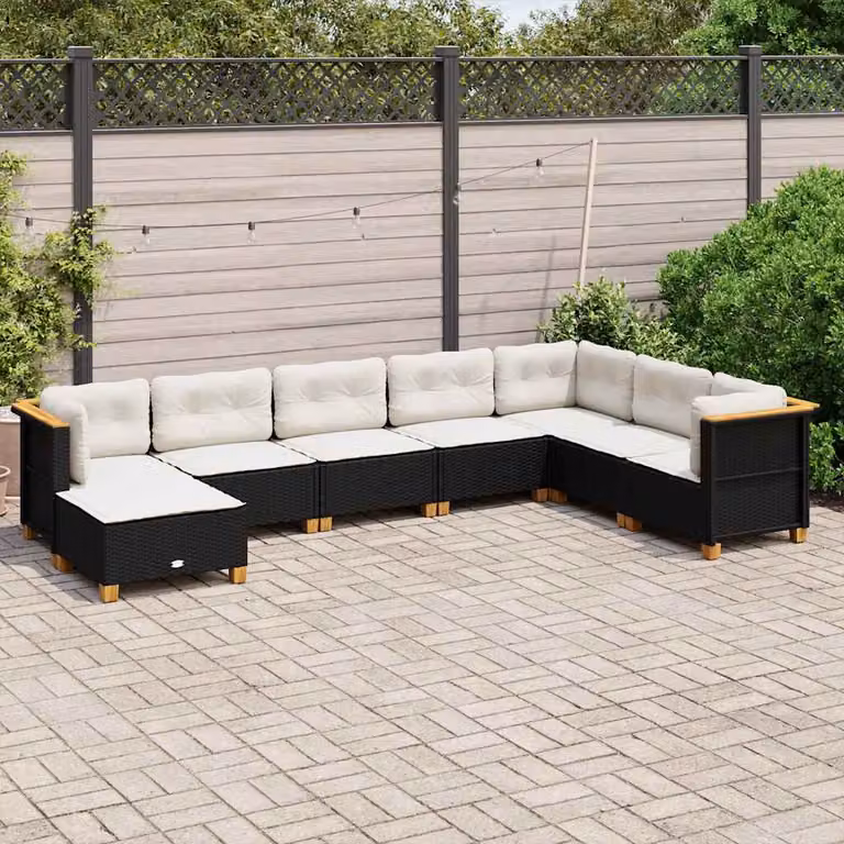 vidaXL Set Divani da Giardino a L con Cuscini 8 pz in Polyrattan Nero e Acacia