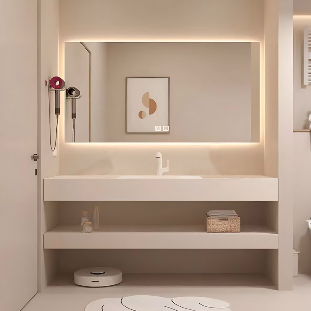 360Home Mobile da bagno con lavabo e specchio in beige Lavabo in Vetroceramica con ripiano 130 cm