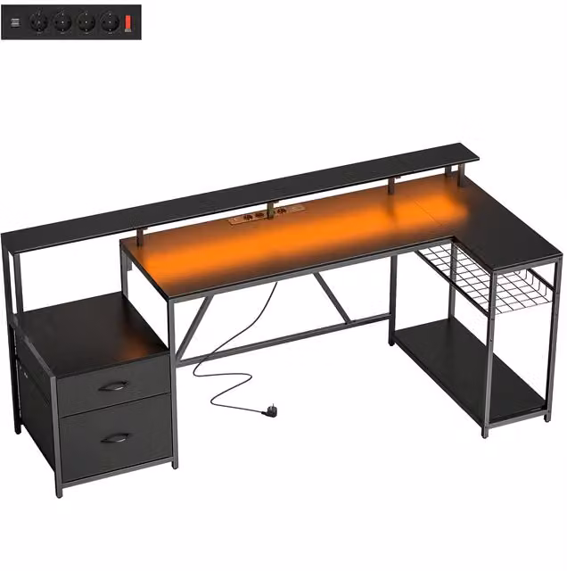 HOMCOM Scrivania Gaming Angolare con Hub di Ricarica, Luci LED e Supporto Monitor, in Legno e Acciaio, 192.5x80x86.5 cm, Nero   Aosom Italy