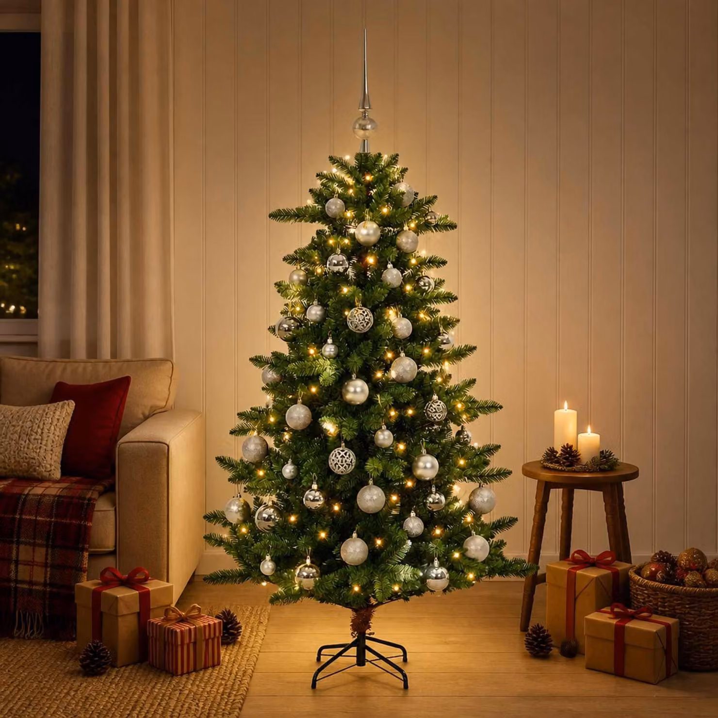 Albero di Natale artificiale con decorazioni, altezza 120 cm, 150 luci a LED