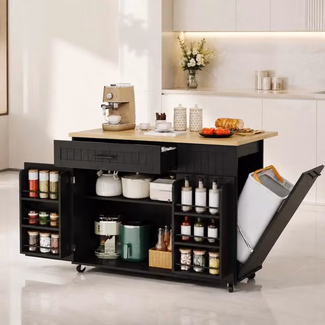 Isola da cucina ULEVR 130x70x93 cm con piano pieghevole, cassetto, vano portarifiuti e ruote bloccabili, nera