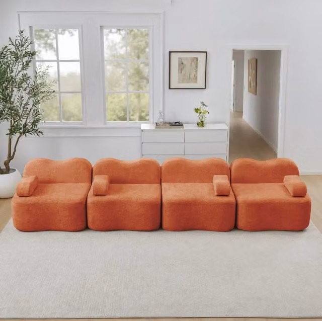 Divano modulare 4 posti 384x98x70 cm in velluto arancione, per salotti, senza montaggio –
