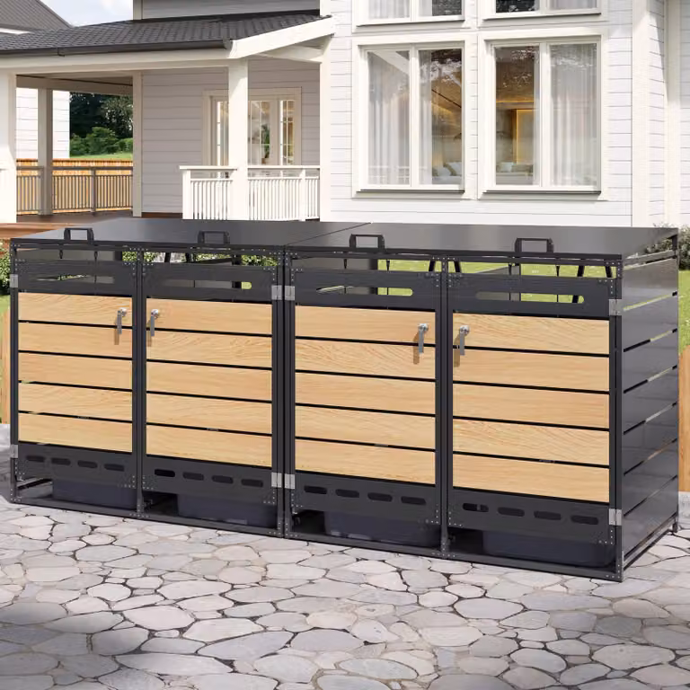 Merax: box per bidoni della spazzatura a 2 posti con coperchio idraulico, rivestimento in metallo effetto legno, disposizione orizzontale, ventilato e chiudibile a chiave, box da giardino per bidoni della spazzatura, nero