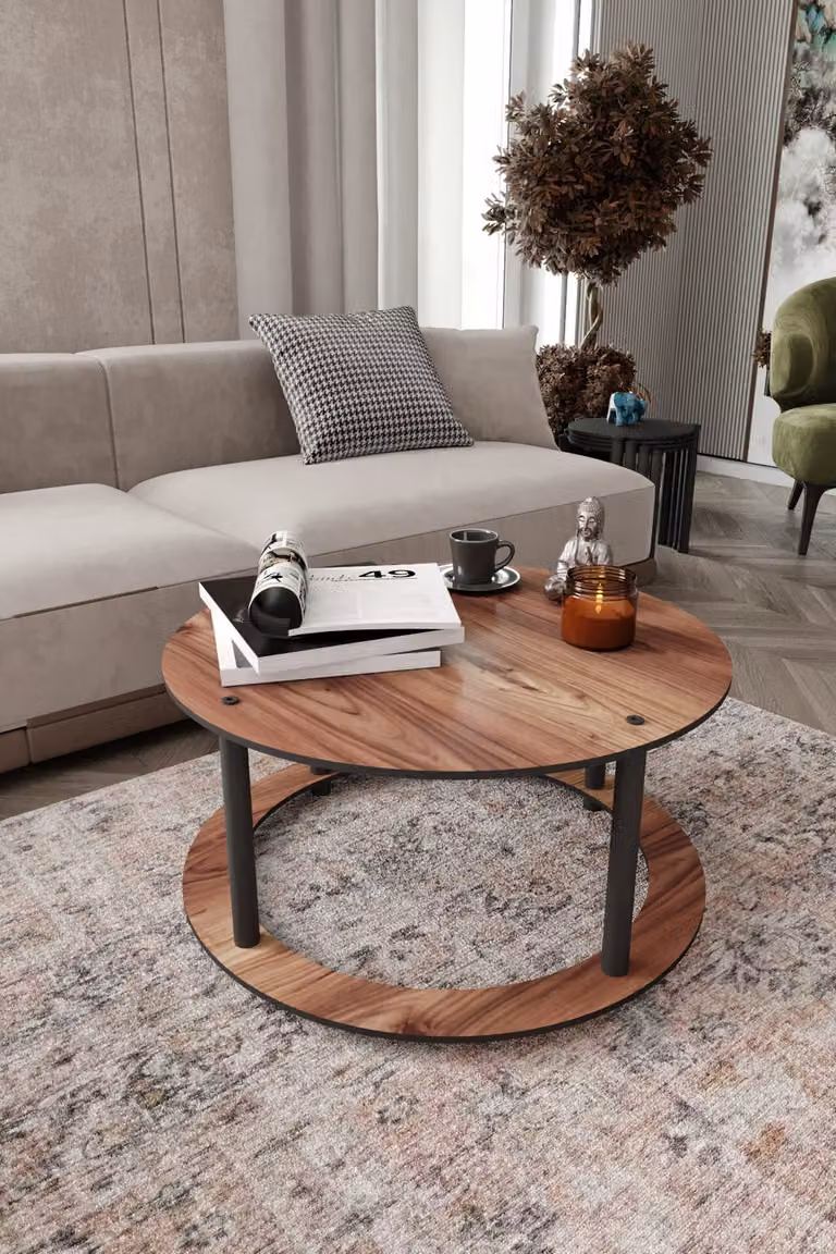 Skye Decor, tavolino di alta qualità, diametro 70 cm, altezza 38 cm | 100% MDF, gambe in cartone pressato | Colore noce, stile moderno e industriale, perfetto per la tua casa!
