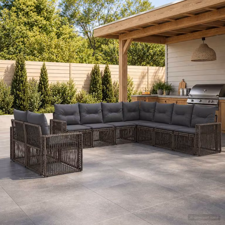 Set Divano da Giardino vidaXL 9 pz a Forma a U in Polyrattan Grigio e Antracite con Cuscini Imbottiti e Coperture Rimovibili