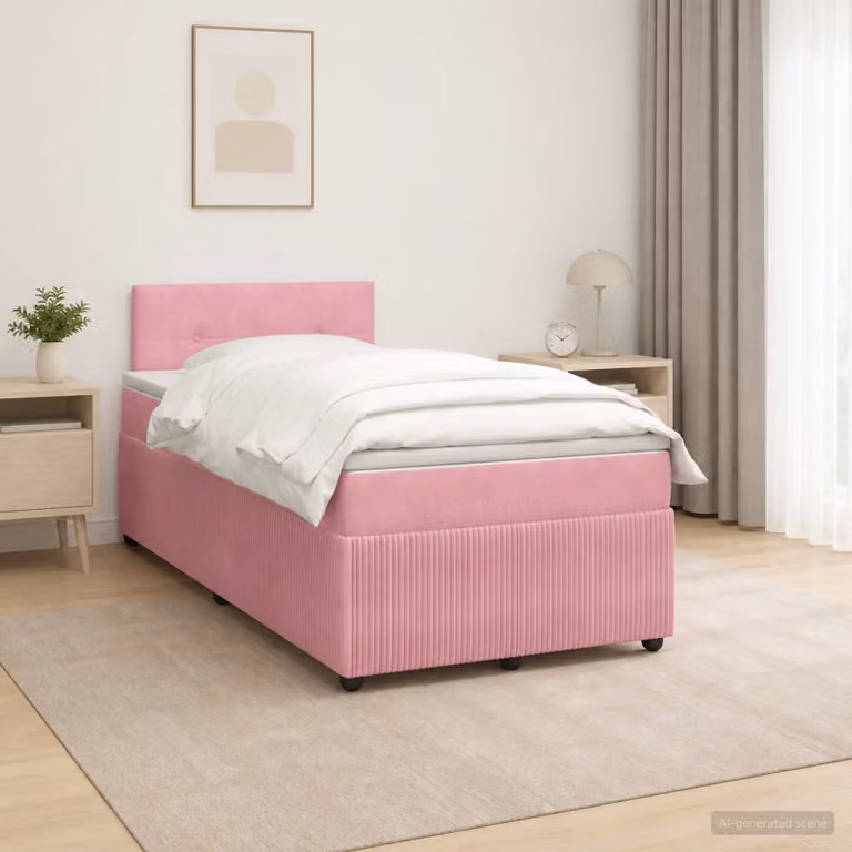 Letto box spring con materasso vidaXL in velluto rosa e bianco, L/P/H: 200 x 120 x 88 cm