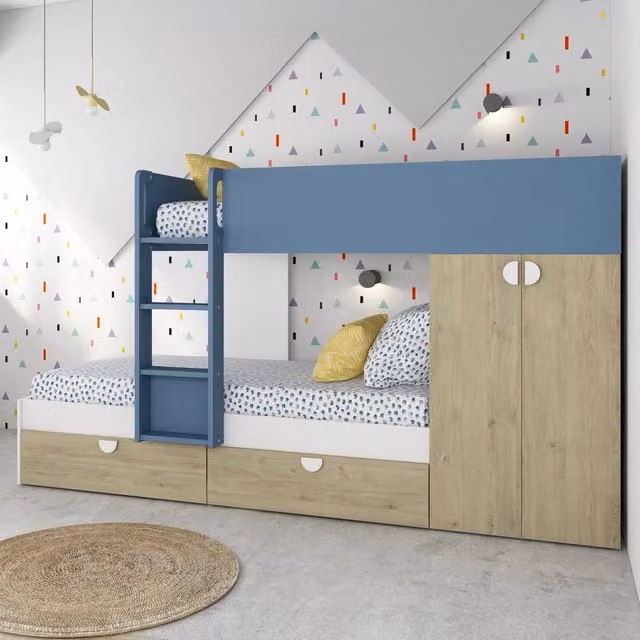Letto a castello moderno per bambini in rovere e azzurro con armadio a 2 ante, cassetti e scala, dimensioni 90x190 cm