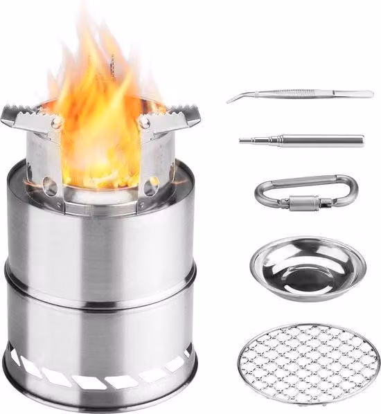 Piastretti portatili in legno per cucinare in campeggio, pieghevoli e resistenti al vento, realizzati in acciaio inossidabile, ideali per campeggio, barbecue, picnic, attività all'aperto e viaggi con lo zaino.